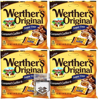 Werthers Sugar Free Coffee Hard Candy 4 Pack of Caramel Coffee Hard Candy - 1.46 Ounce Each Bag Diabetic Candy, Low Carb Snacks, Keto Candy Bundle with Ballard Products Pocket Bag