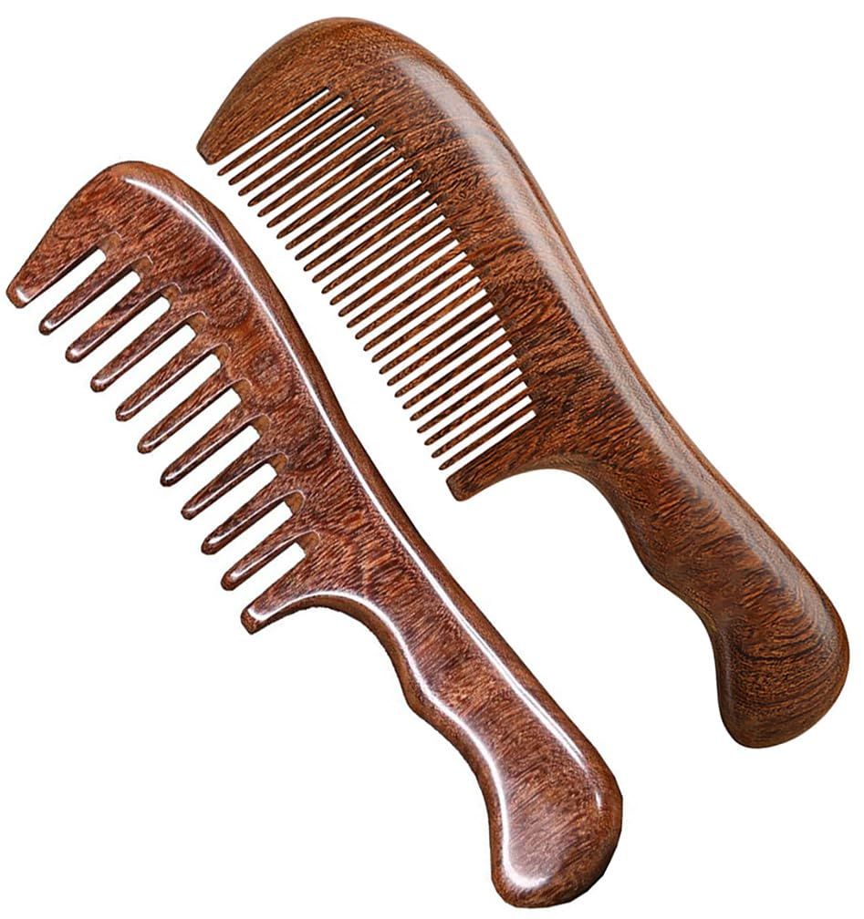 2 Pcs Wooden Hair Comb Set Wide Tooth and Fine Tooth Sandalwood Comb for Women Men, Anti-static Detangling Comb for Curly Straight Fine Wet Dry Hair