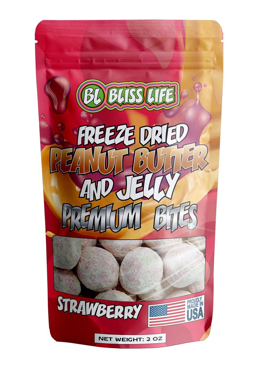 Freeze Dried Peanut Butter Strawberry Jelly Fruit Candy, ASMR Crunchy Candy, Sweet and Savory Snacks, Unique Novelty Snack for Kids 2oz