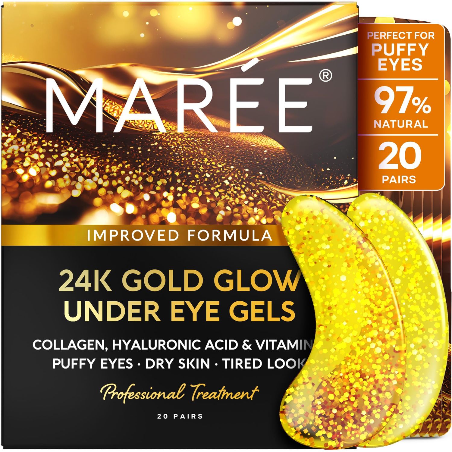 MAREE 24k Gold Under Eye Gels for Puffy Eyes and Dark Circles - Collagen Hyaluronic Acid Skincare Gel Pads, Puffiness Treatment - Undereye Mask Patches