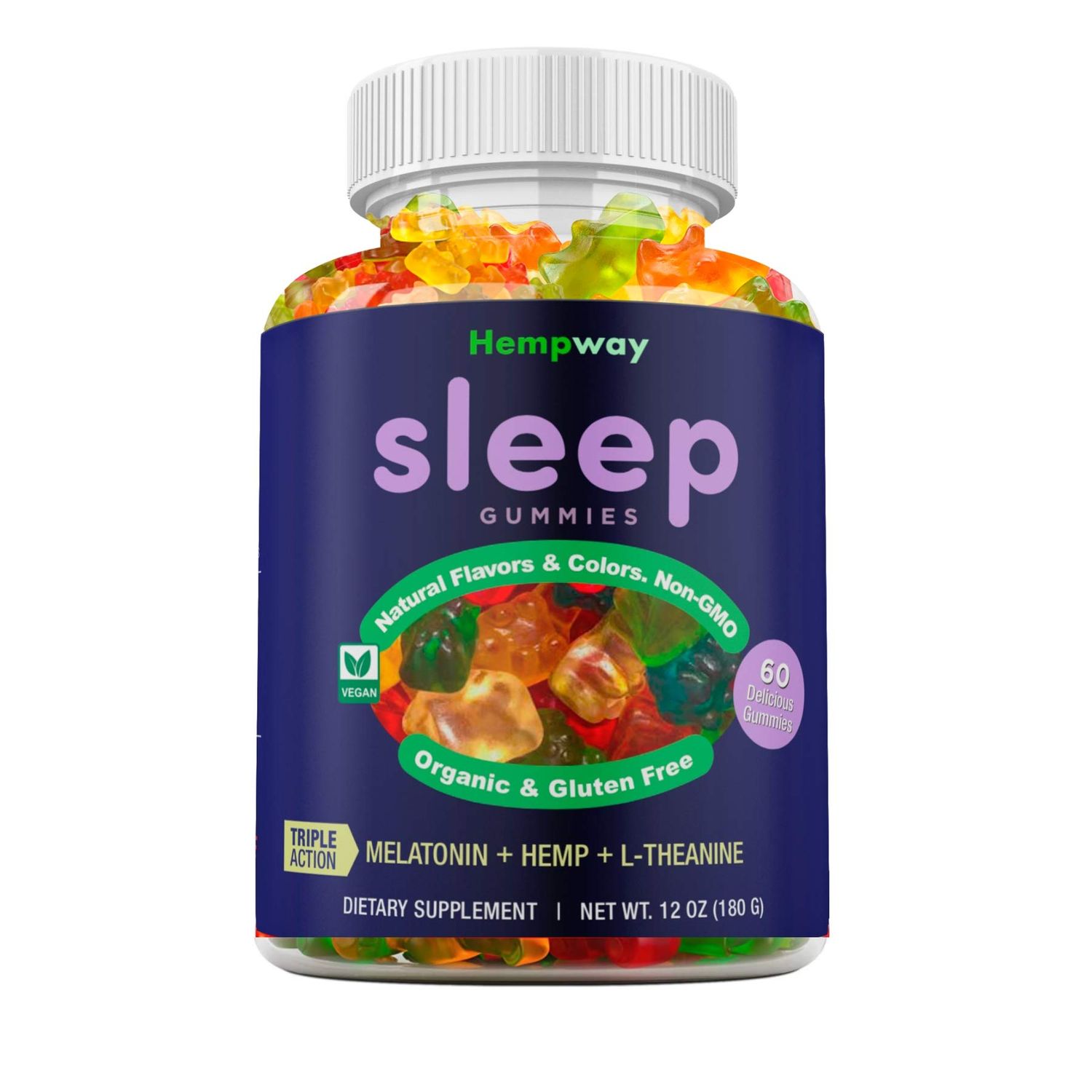 Hemp Sleep Gummies Triple Action Promotes Healthy Sleep Relaxes Body Mind Made in USA 5mg Melatonin 200mg Hemp 10mg L-Theanine 60 Organic Gummies