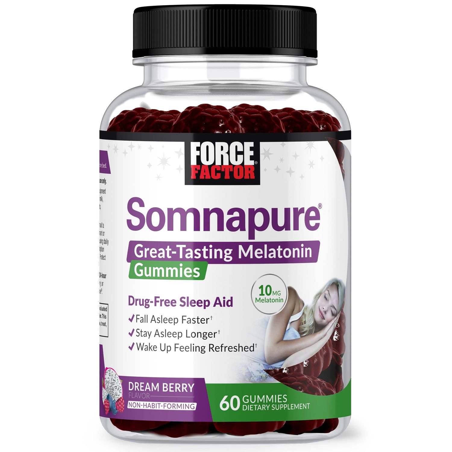 FORCE FACTOR Somnapure Gummies with Melatonin 10 mg for Adults, Non-Habit-Forming, Natural Sleep Aid for Deep Sleep, Stay Asleep Longer, Wake Up Refreshed, Dream Berry Flavor, 60 Count (Pack of 1)