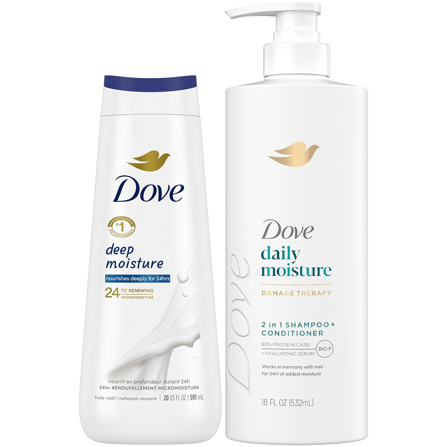 Dove 2-in-1 Shampoo Conditioner, Daily Moisture Deep Moisture Body Wash - Deep Hydration for Revitalizing Dry Hair and Skin (2 Piece Set)