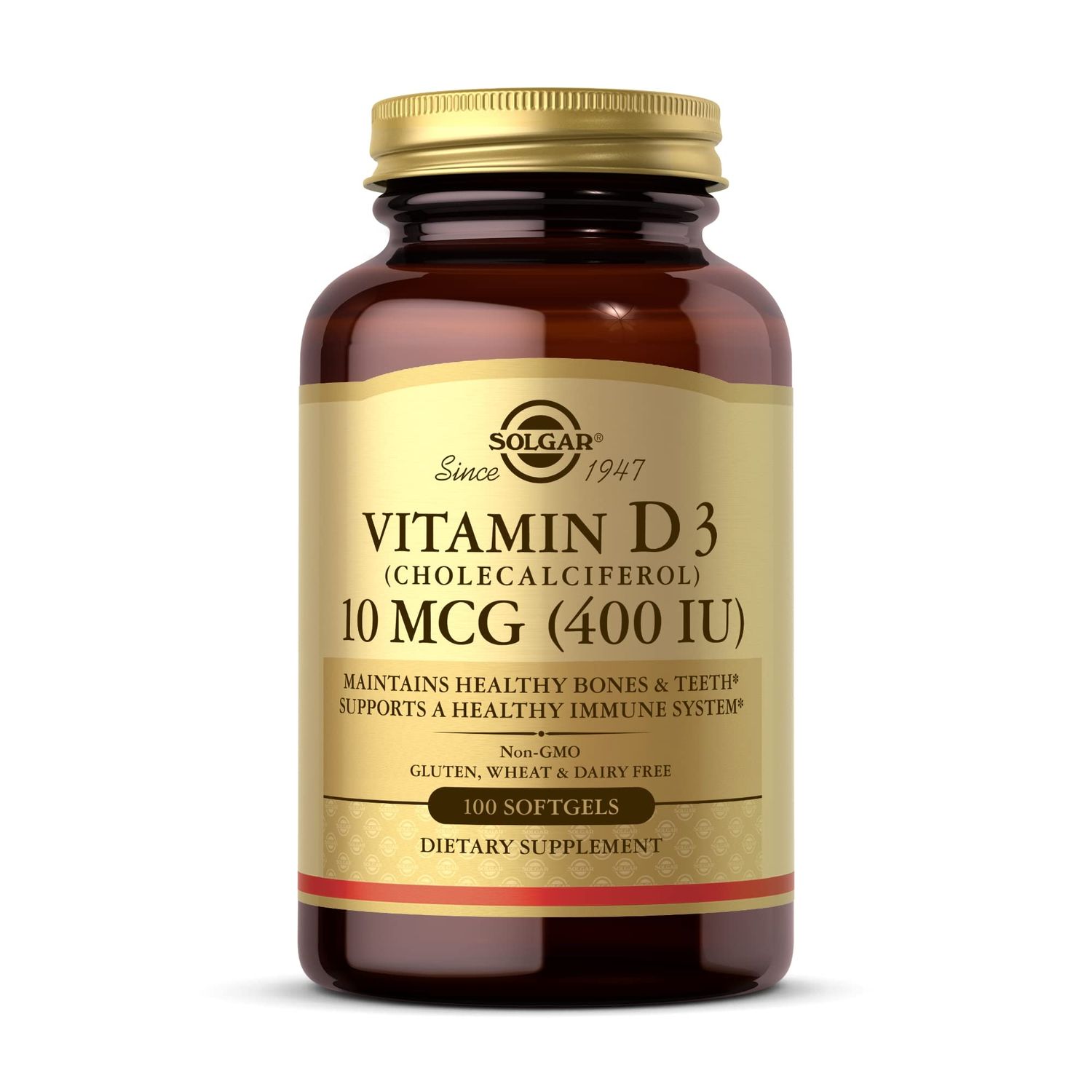 SOLGAR Vitamin D3 (Cholecalciferol) 10 MCG (400 IU), 100 Softgels - Helps Maintain Bones Teeth - Immune System Support - Non-GMO, Gluten Free, Dairy Free - 100 Servings