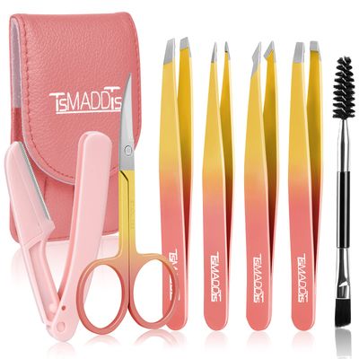 TsMADDTs 7PCS Tweezers Set for Women Facial Hair, Precision Tweezer for Eyebrows with Curved Scissor and Eyebrow Razor for Ingrown Hair, PinkYellow