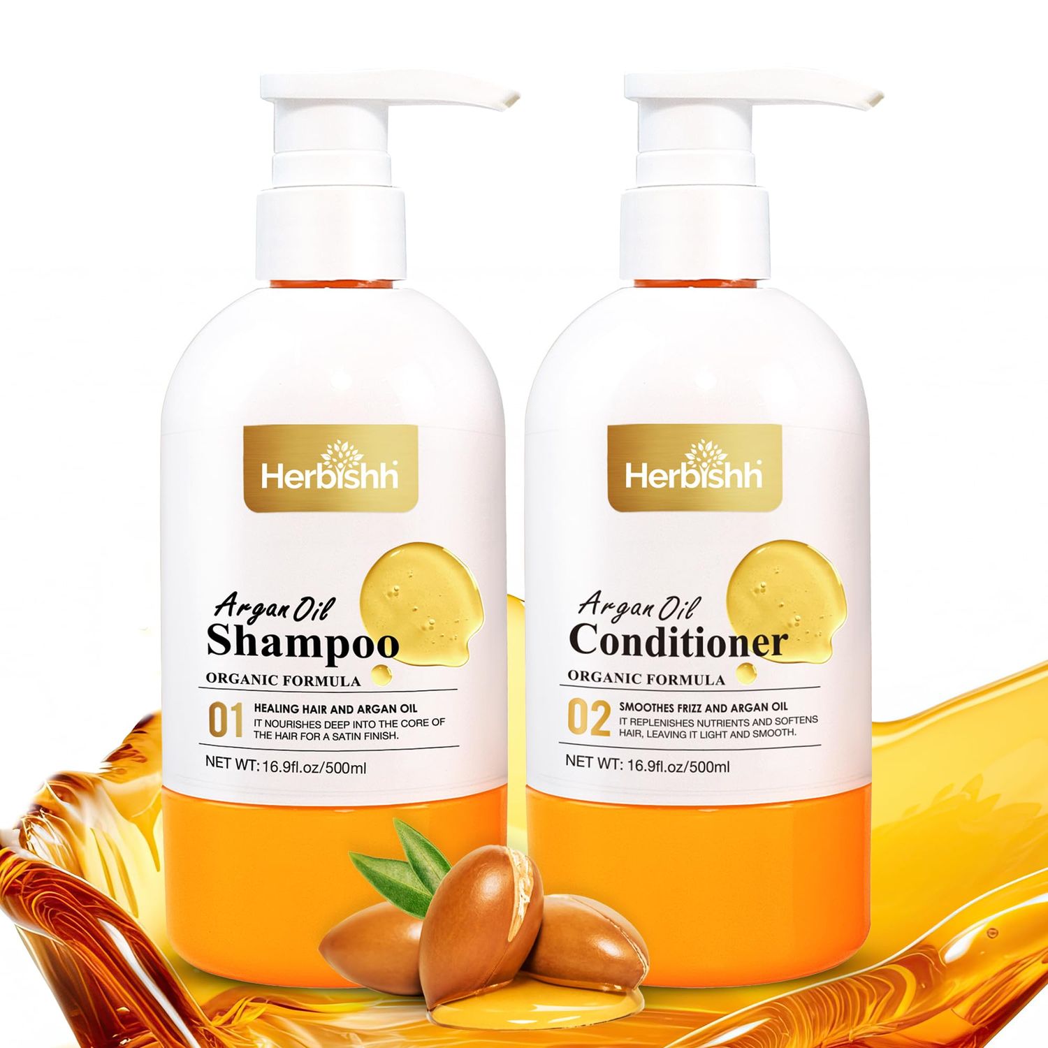 Herbishh Argan Oil Shampoo Conditioner, Deep Cleansing Promotes Hair Growth, Repairs Dry, Damaged Hair, UV Protection, With Shea Butter, Jojoba, Coconut oil for Frizzy Colored Hair 16.9fl.oz Each