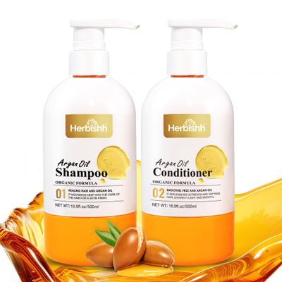 Herbishh Argan Oil Shampoo Conditioner, Deep Cleansing Promotes Hair Growth, Repairs Dry, Damaged Hair, UV Protection, With Shea Butter, Jojoba, Coconut oil for Frizzy Colored Hair 16.9fl.oz Each