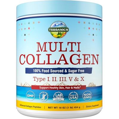 Terranics Multi Collagen Peptides Powder, Type I II III V X Hydrolyzed Collagen for WomenMen, Collagen Supplements for Skin Nail Hair, Fast Dissolve, Unflavored Colageno, No Sugar, Keto, 16oz