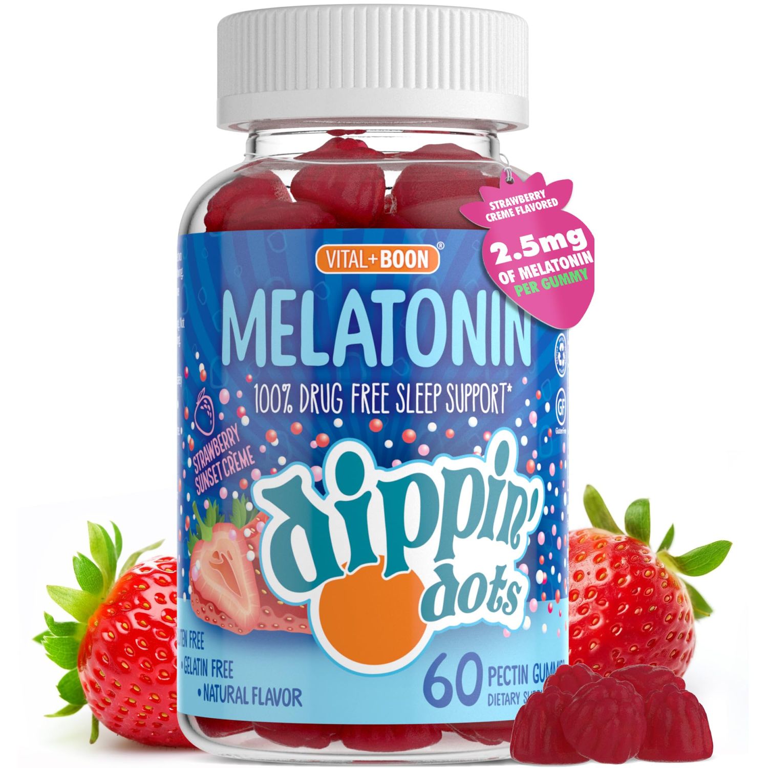VitalBoon - Melatonin Sleep Support Gummies (60 Count) Strawberry Sunset Creme Flavor Chews 2.5mg Per Gummy Sleep Supplement for Children and Adults Supplement for Faster Faster Longer Sleep