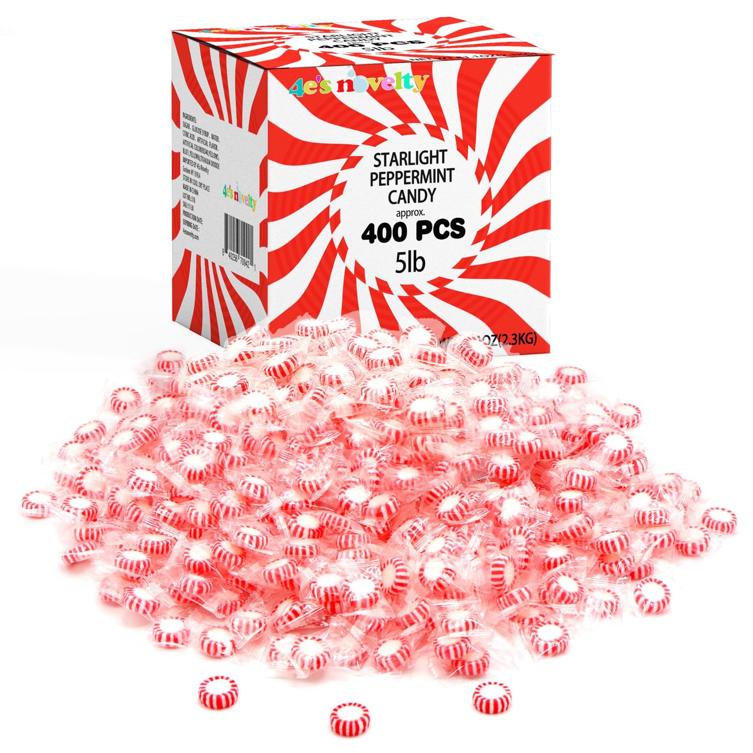 4E&#39;s Novelty Bulk Peppermint Candy 5 Lbs, 400 Peppermints Individually Wrapped, Christmas Mints, Peppermint Candy Bulk, Starlight Peppermint Bulk Candy Breath Mints for Office Restaurants