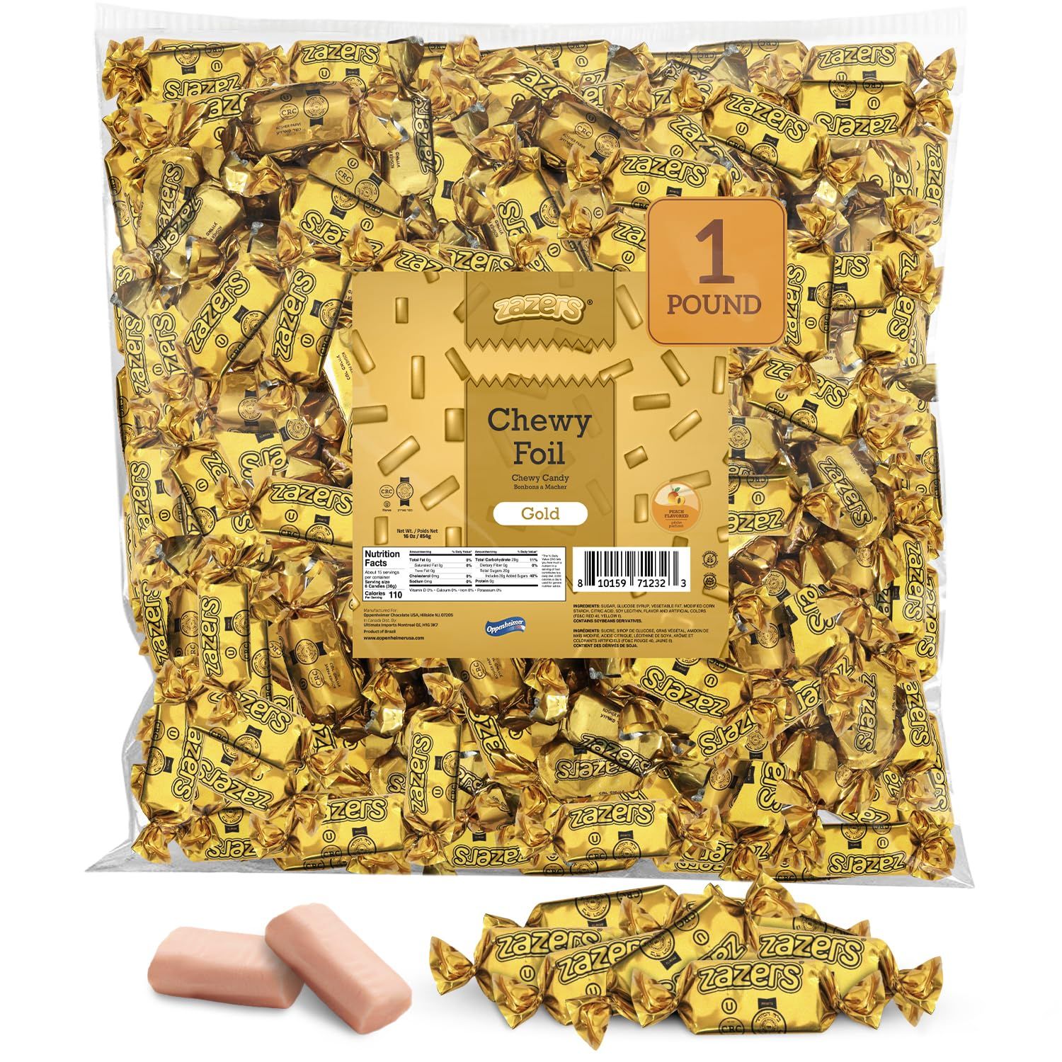 Zazers Gold Chewy Foil Candy - 1 Pound - Peach Flavor - Individually Wrapped, Perfect for Color Themed Party Decor, Great for Office, Reception, Buffet, Kosher, Gluten-Free, Nut-Free