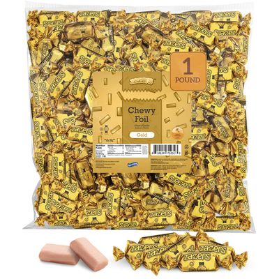 Zazers Gold Chewy Foil Candy - 1 Pound - Peach Flavor - Individually Wrapped, Perfect for Color Themed Party Decor, Great for Office, Reception, Buffet, Kosher, Gluten-Free, Nut-Free