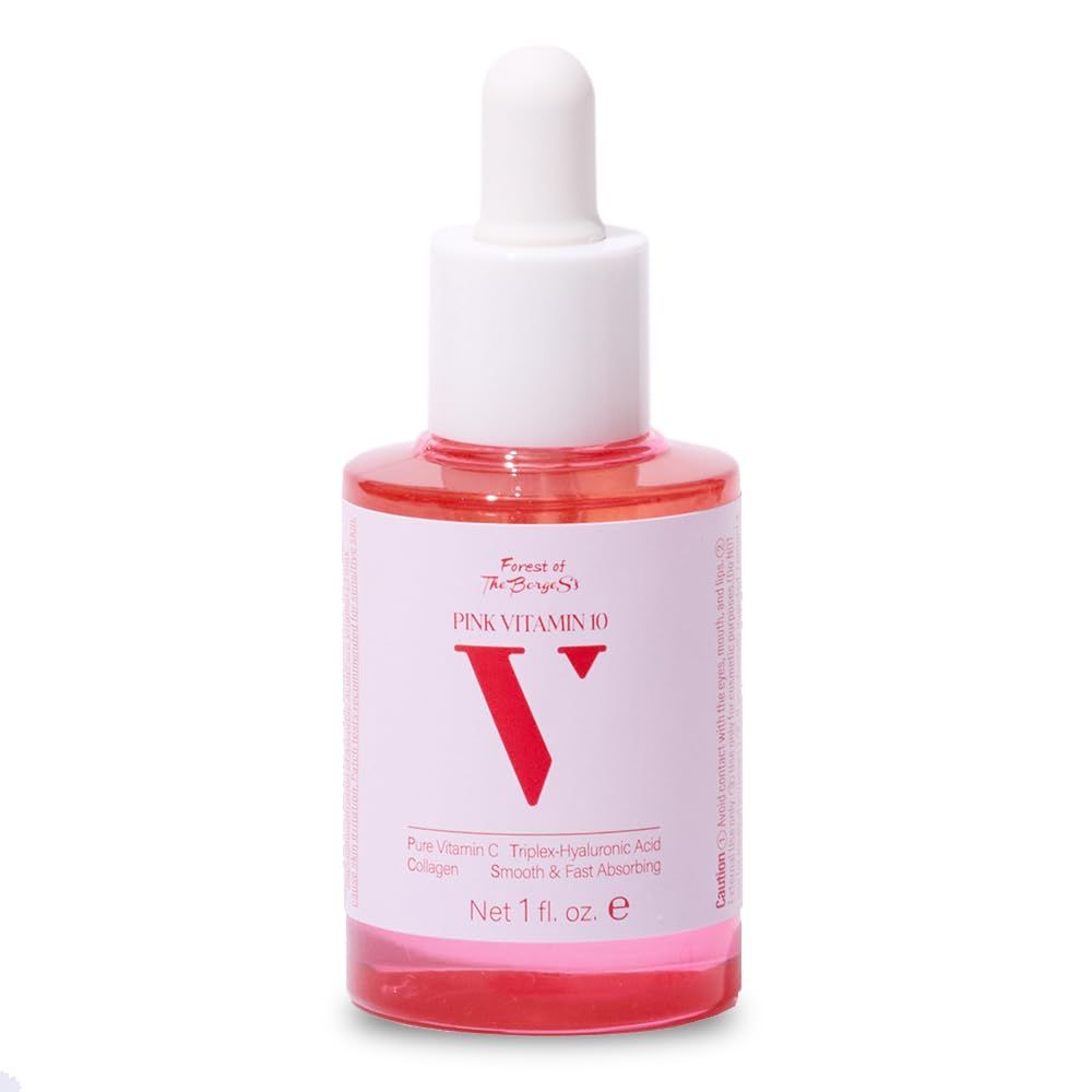 Forest of the Borges&#39;s Pink V10 Vitamin Serum 1.0 fl oz - 10 Pure Vitamin C with Niacinamide, Panthenol, Collagen, EGF Hyaluronic Acid - Lightweight Korean Facial Serum for Daily Use.