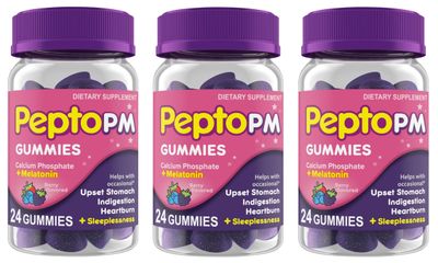 Pepto PM Gummies with Melatonin for Sleep Support, Fast and Effective Digestive Relief from Heartburn, Indigestion, Upset Stomach and Sleeplessness - Berry Flavor, 24 Ct (Pack of 3)