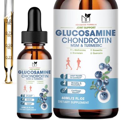 MABEFY Glucosamine Chondroitin MSM Liquid Drops - Joint Support Supplement with Turmeric Boswellia, Bromelain, Hyaluronic Acid, Relief for Back, Knees Hands,Blueberry Flavor, 2 Fl Oz