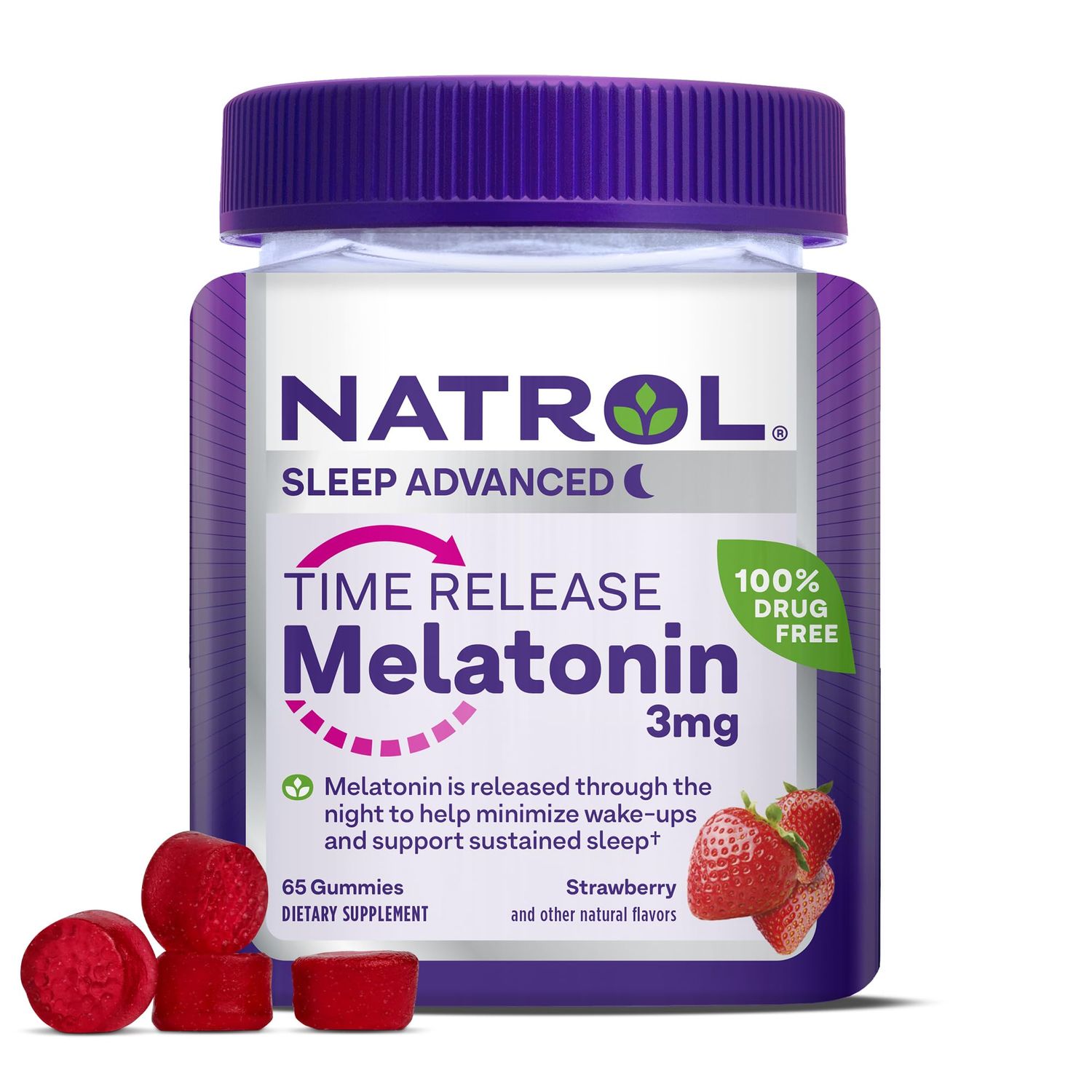 Natrol Time Release Melatonin Gummies, Sleep Support for Adults, 3 mg Melatonin Supplements for Sleep Support, 65 Strawberry-Flavored Gummies, Up to a 65 Day Supply