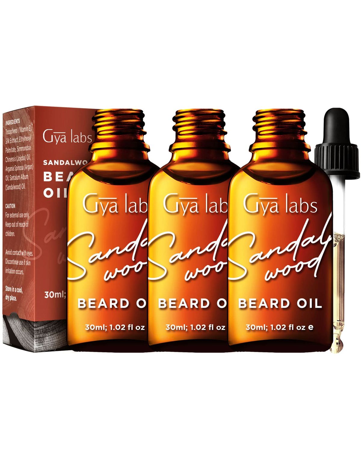 Gya Labs Sandalwood Beard Oil for Men Growth - 100 Pure Natural Beard Growth Oil for Men with Organic Argan Jojoba - Moisturizes, Softens Strengthens (1 Fl Oz x 3)