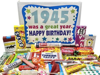 RETRO CANDY YUM 1945 80th Birthday Gift Box of Nostalgic Candy from Childhood for 80 Year Old Woman or Man Born 1945