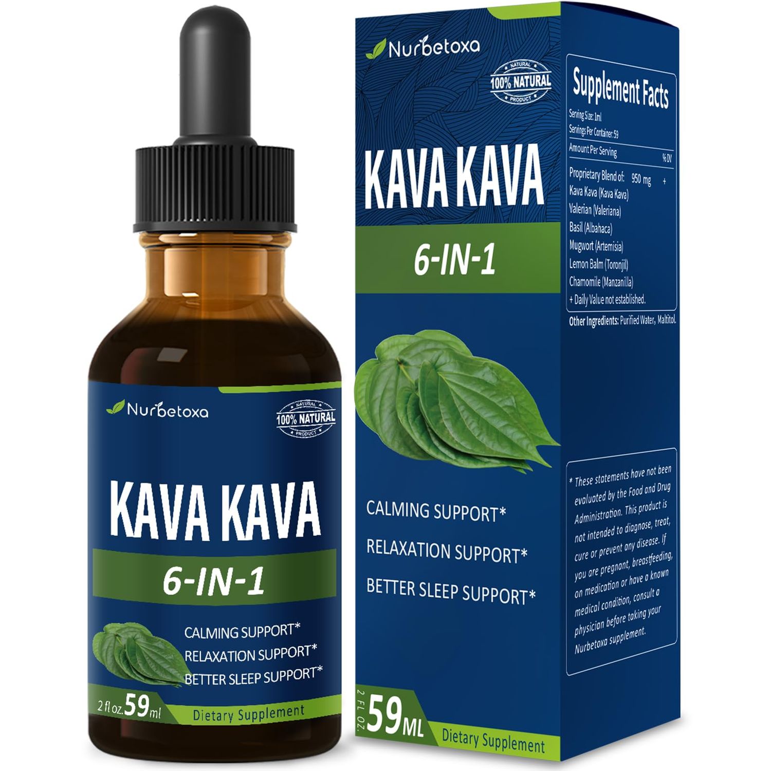 Nurbetoxa Kava Kava Root Extract Drops for Calming Relaxation Support, Natural Herbal Blend Tincture Supplement for Better Sleep Support with Valerian Root, Lemon Balm and Chamomile. 2oz