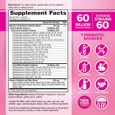 Vital Planet - Vital Flora Womens Daily Probiotic 60 Billion CFU, 60 Diverse Strains, 7 Organic Prebiotics, Vaginal and Immune Support, Bloating, Digestive Health Probiotics for Women 30 Capsules