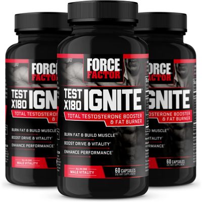 FORCE FACTOR Test X180 Ignite, Testosterone Booster Fat Burner for Men, Testosterone Supplement to Help Build Muscle, Increase Energy, and Boost Vitality and Performance, 60 Count (Pack of 3)