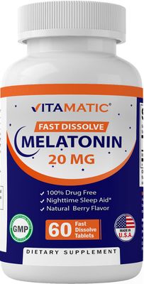 Vitamatic Melatonin 20 mg Tablets Vegetarian, Non-GMO, Gluten Free 60 Fast Dissolve Tablets Natural Berry Flavor