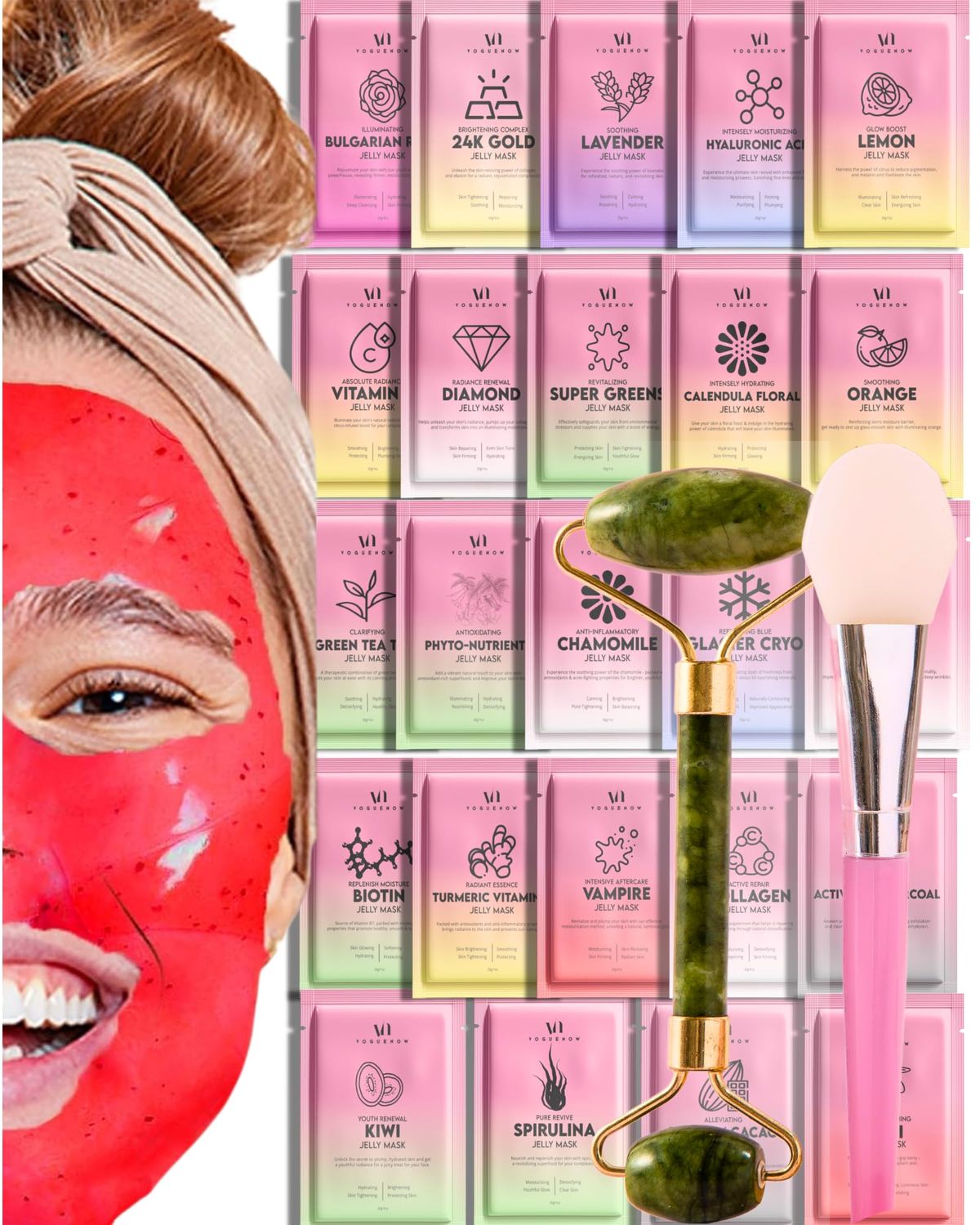 Jelly Mask for Facials - 24 Flavors Hydrating Brightening Jelly Face Masks Free Jade Roller Spatula Bulgarian Rose, Lavender, Hyaluronic Acid, 24K Gold face mask skin care Vajacial Jelly Mask