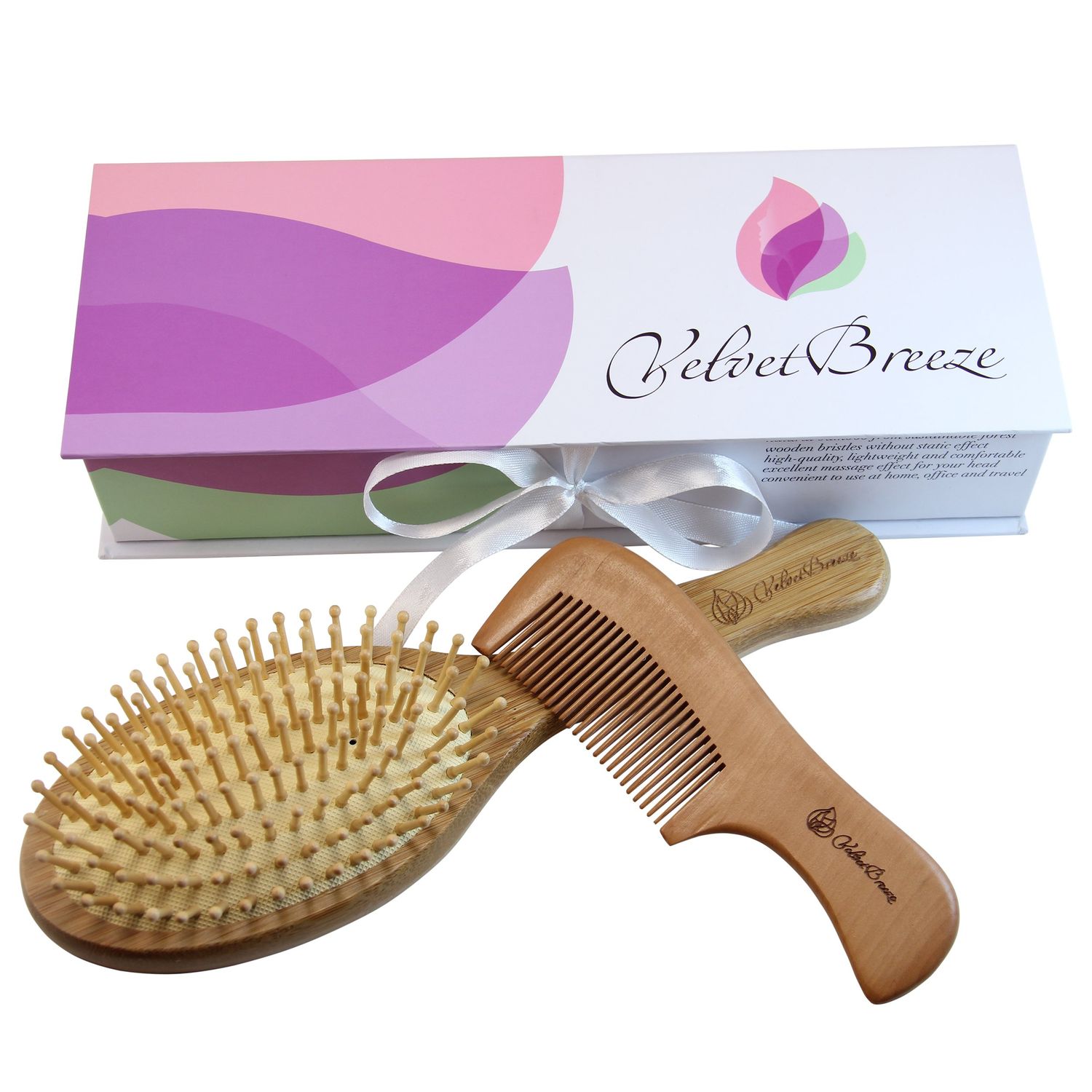 VelvetBreeze - Natural Bamboo Hair Brush with Wooden Bristles and Peach Wood Comb Set - For Women&#39;s All Types of Hair - Improve Your Hair Growth - Massage Scalp For Strong Hair
