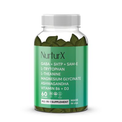 NurturX GABA 5-HTP SAM-e, L-Tryptophan, L-Theanine, Ashwagandha Gummies, All-in-One Natural Supplement, Made in USA, Vegan, 60 Gummies