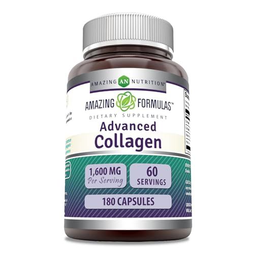 Amazing Formulas Advanced Collagen Supplement Collagen Type I, II III, with Vitamin C Hyaluronic Acid 1600 Mg Per Serving 180 Capsules Non-GMO Gluten-Free Made in USA