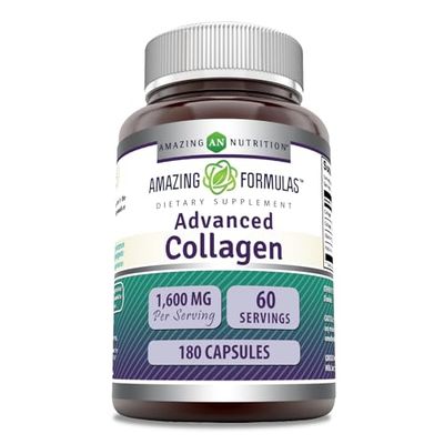 Amazing Formulas Advanced Collagen Supplement Collagen Type I, II III, with Vitamin C Hyaluronic Acid 1600 Mg Per Serving 180 Capsules Non-GMO Gluten-Free Made in USA