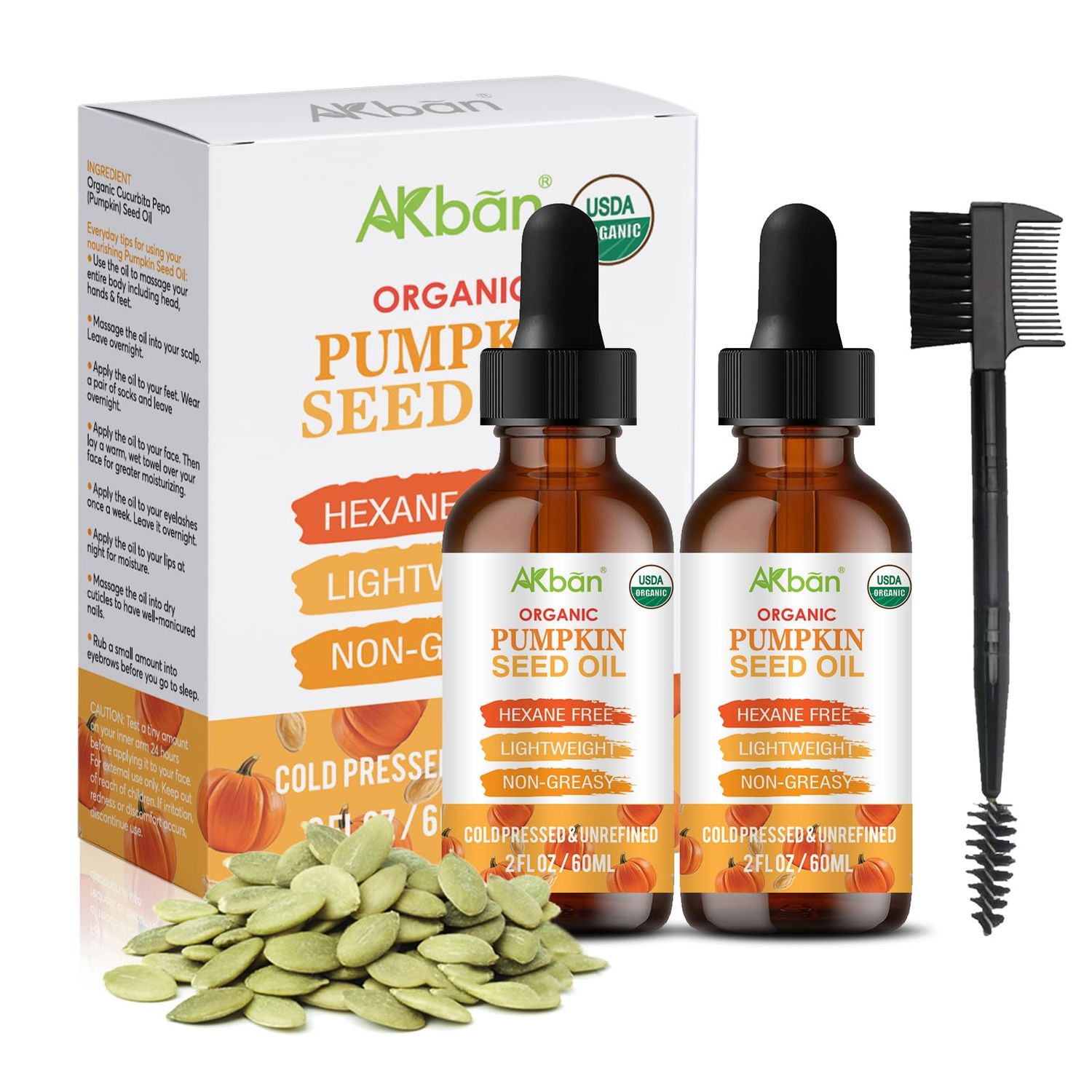 AKBAN Pumpkin Seed Oil for Hair Growth, 100 Pure Natural Cold Pressed Organic, Moisturizing Nourishing Dry Damaged Hair Scalp, for Skin Care, Hair Care, Body Massage, 2 fl oz 2 fl oz