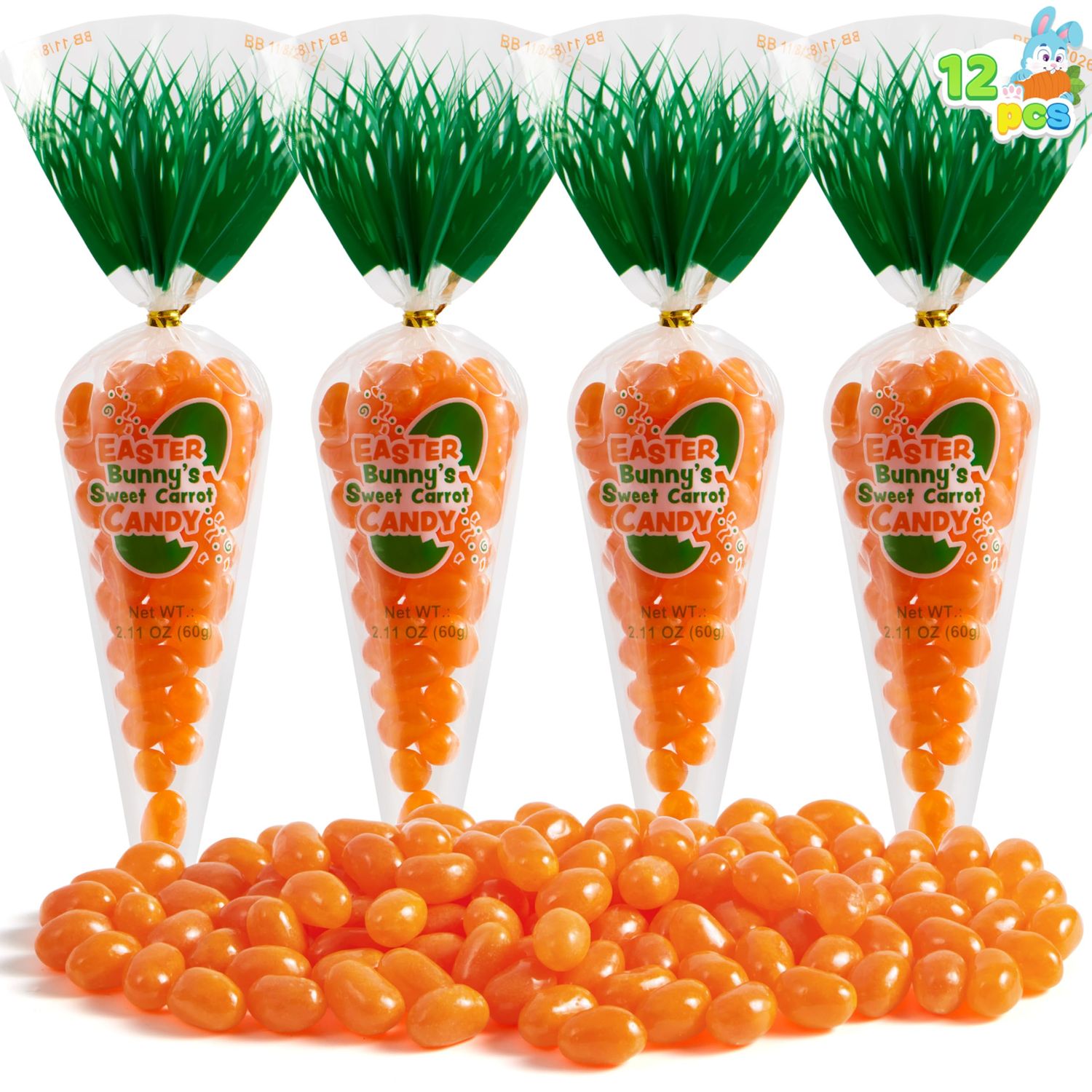 SYNCFUN 12 Pcs Easter Candy with Carrot Bags, Filled Candy with Jelly Beans, Prefilled Easter Fillers for Kids, Basket Fillers, Classroom Prize, Party Favor