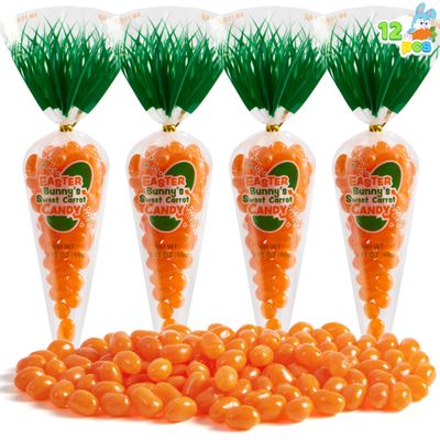 SYNCFUN 12 Pcs Easter Candy with Carrot Bags, Filled Candy with Jelly Beans, Prefilled Easter Fillers for Kids, Basket Fillers, Classroom Prize, Party Favor