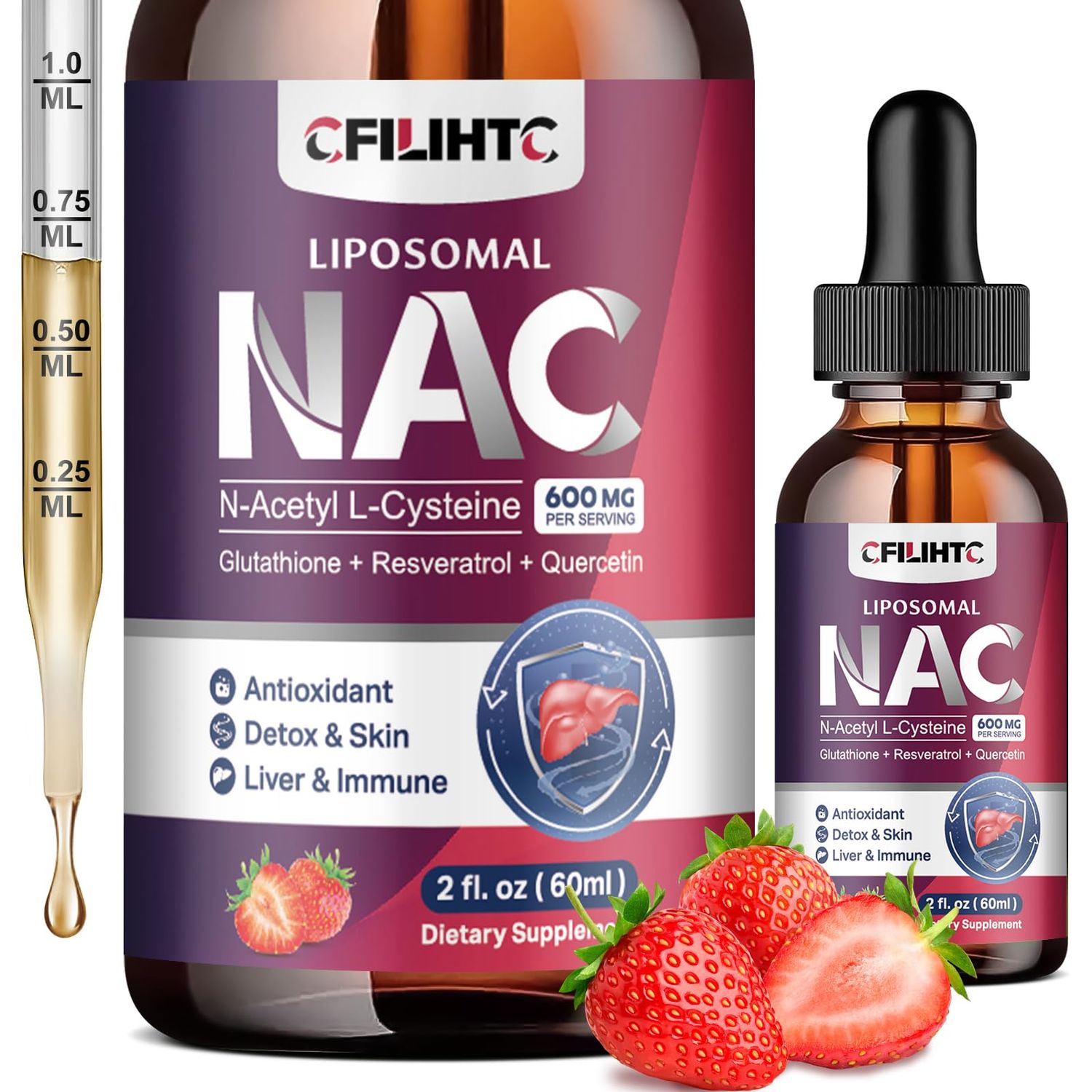 Liposomal Liquid NAC Supplement N-Acetyl Cysteine Drops, N Acetyl Cysteine 600mg with Glutathione, Resveratrol Zinc for Adults Kids Liver Lung Antioxidant Immune Skin Health, Strawberry 2 Fl Oz