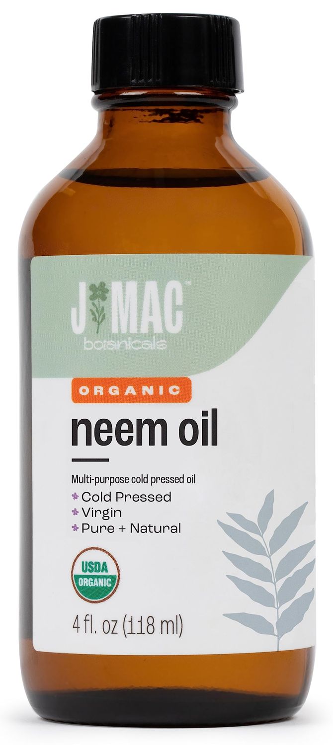 J Mac Botanicals Organic Neem Oil for Skin (4 oz Glass Bottle NO Dropper) - 100 Pure Concentrate Undiluted for Hair and Plants - Essential, Cold Pressed
