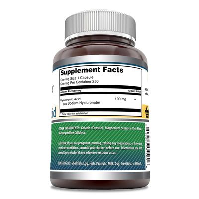 Amazing Formulas Hyaluronic Acid 100mg 250 Capsules Supplement Non GMO Gluten Free Made in USA