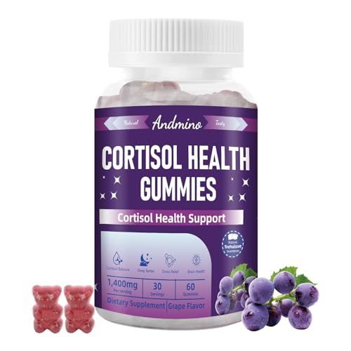 andmino Cortisol Gummies for Women Men, for Stress Relief Sleep, Nighttime Cortisol Balance Support, with Trehalose, Non-GMO, Vegan, Gluten Free, Grape Flavor, 60