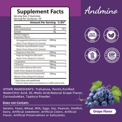 andmino Cortisol Gummies for Women Men, for Stress Relief Sleep, Nighttime Cortisol Balance Support, with Trehalose, Non-GMO, Vegan, Gluten Free, Grape Flavor, 60