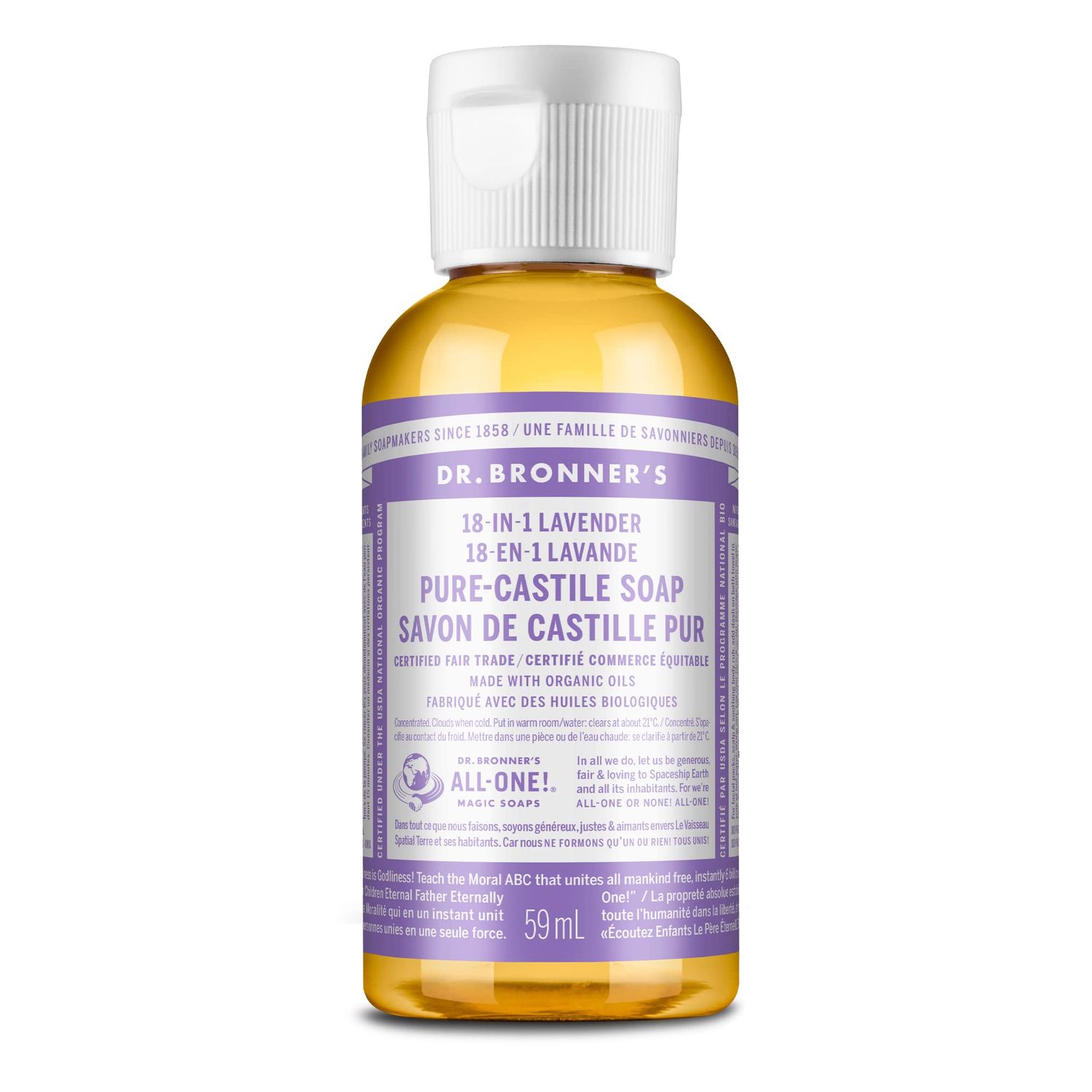 Dr. Bronner&#39;s - Pure-Castile Liquid Soap (Lavender, 2 ounce) - Made with Organic Oils, 18-in-1 Uses: Face, Body, Hair, Laundry, Pets and Dishes, Concentrated, Vegan, Non-GMO