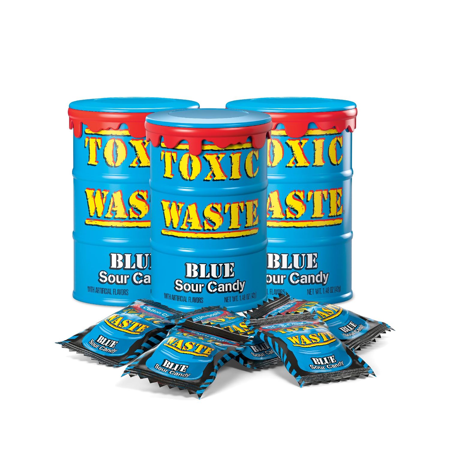 TOXIC WASTE - Hazardously Sour Candy Blue Drum - Blue Lemonade, Cotton Candy, Blutti Frutti, Concord Grape, Umeboshi Flavors - 1.48 oz. Drums - 3 Pack