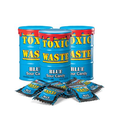 TOXIC WASTE - Hazardously Sour Candy Blue Drum - Blue Lemonade, Cotton Candy, Blutti Frutti, Concord Grape, Umeboshi Flavors - 1.48 oz. Drums - 3 Pack