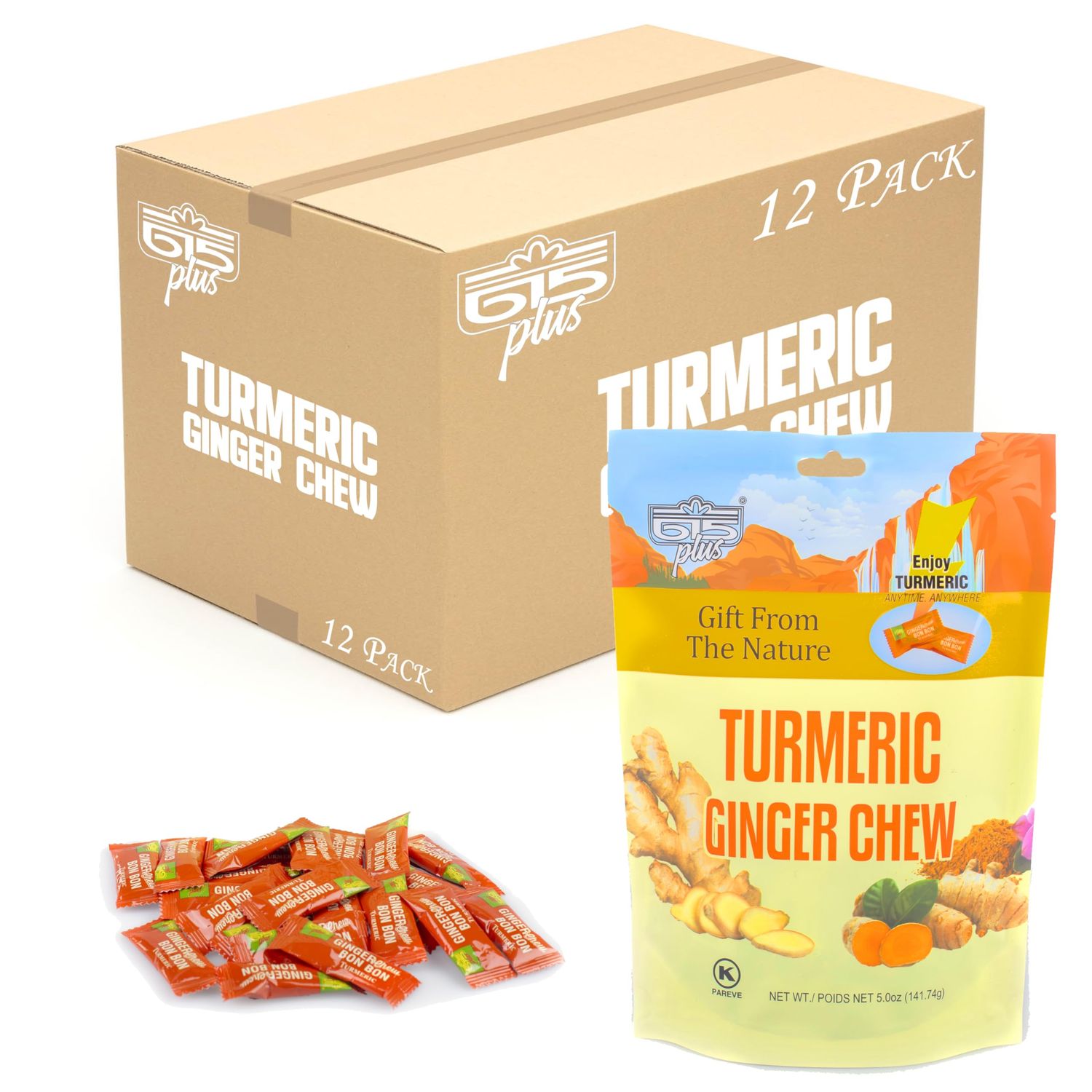 615 Plus Ginger Candy Chewy Ginger Chew (Turmeric, 5.0 Ounce, Pack of 12)