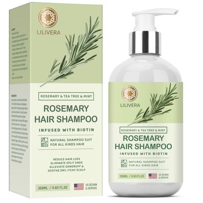 Lilivera Rosemary Hair Growth Shampoo for Hair Loss, Thinning Hair for Men and Women - Mint Strengthening Shampoo with Tea Tree Oil Bition - 11.8 fl. oz