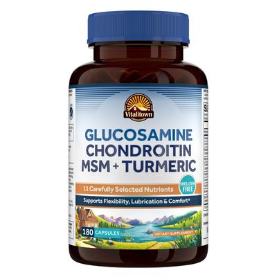 Vitalitown Glucosamine Chondroitin MSM, Turmeric, Collagen, Hyaluronic Acid, Boswellia, Quercetin, 11-in-1 Formula, Glucosamine Sulfate 1500 mg, No Shellfish, Flexibility Comfort, 180 Caps