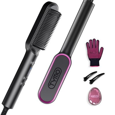 Hair Straightener Brush, TYMO Ring Hair Straightener Comb Straightening Brush for Women with 5 Temps 20s Fast Heating Dual Voltage, Black