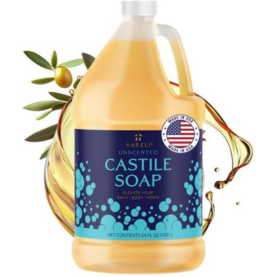 YARELI Pure Castile Soap Liquid, Unscented, with All Organic Oils for Adults, Kids and Babies as Body Wash or Hand Soap, 64oz Refill