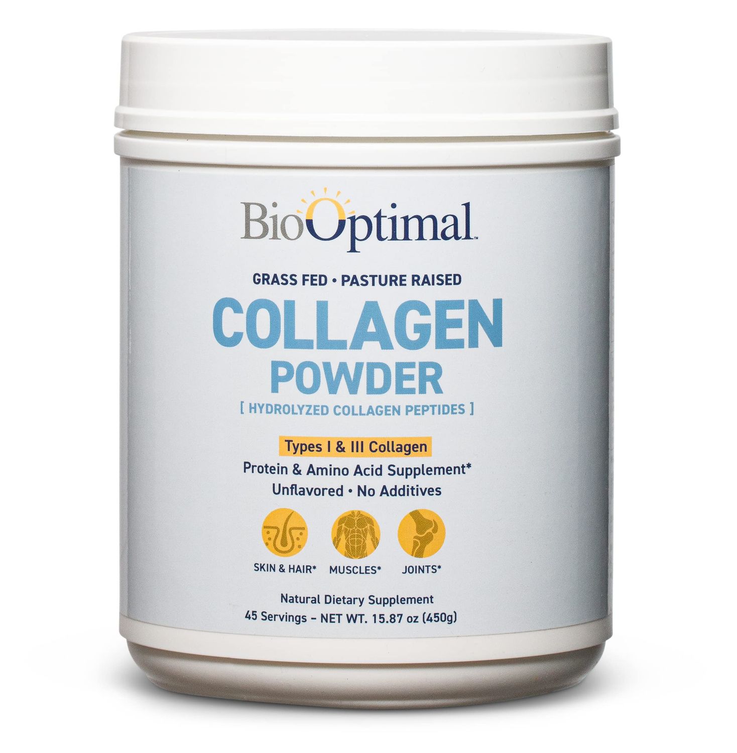 BioOptimal Collagen Peptides Powder - Grass-Fed, Pasture-Raised Hydrolyzed Protein Supplement for Skin, Hair, Nails - Non-GMO, Zero Sugar Daily Supplement for Men Women (45 Servings)