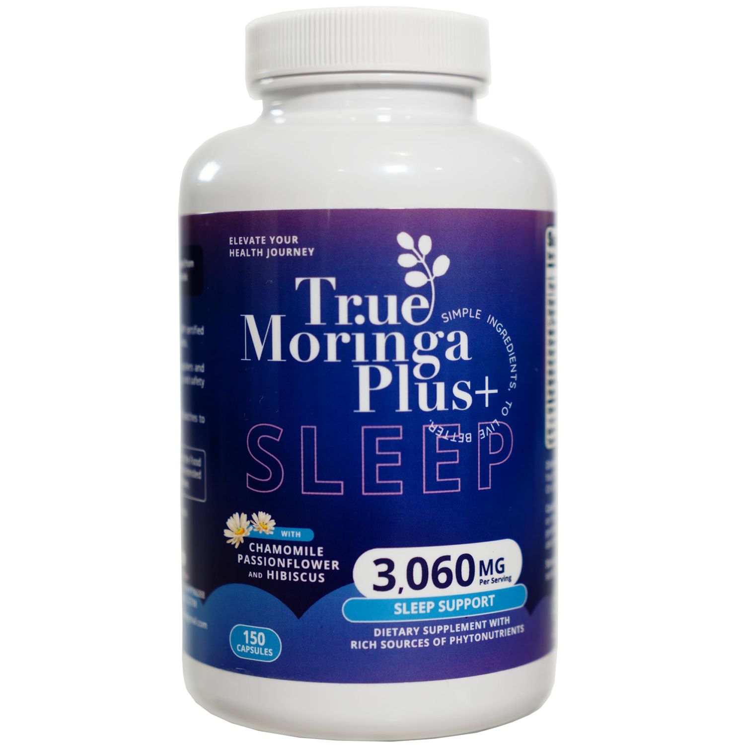 True Moringa Plus Sleep Support Supplement 10:1 Extract 20,000mg of Organic Moringa, Chamomile, Passion Flower, Valerian Root, Hibiscus for Relaxation Natural Sleep Aid for Adults (150 Capsules)