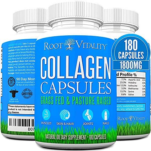 Root Vitality Collagen Peptides Capsules - Grass-Fed, Pasture-Raised Hydrolyzed Protein Supplement for Skin, Hair, Nails - Non-GMO, Zero Sugar Daily Pills for Men Women (180 Capsules)